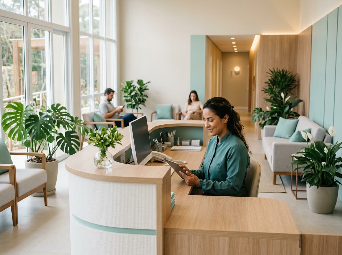 Recepcionista sorrindo enquanto consulta a agenda num tablet, com pacientes aguardando ao fundo